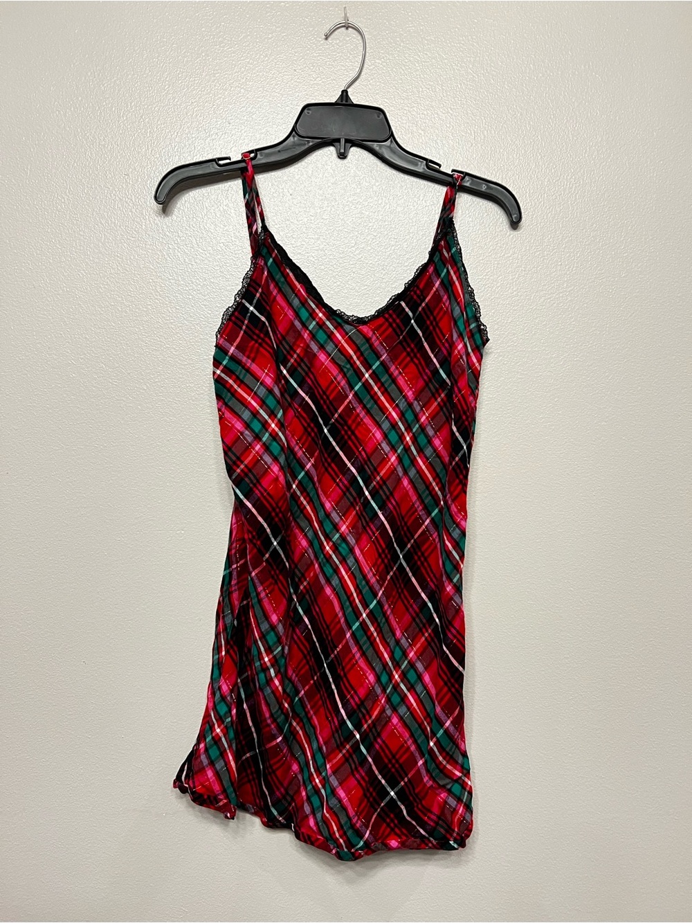 Victoria's Secret Red Green Black Plaid Slip Lace Trim Sz Small Festive Holiday